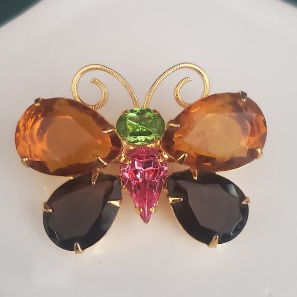 Vintage Joan‎ Rivers Butterfly Brooch Pin Gold Plated Multicolored Stones 90's - Picture 2 of 5